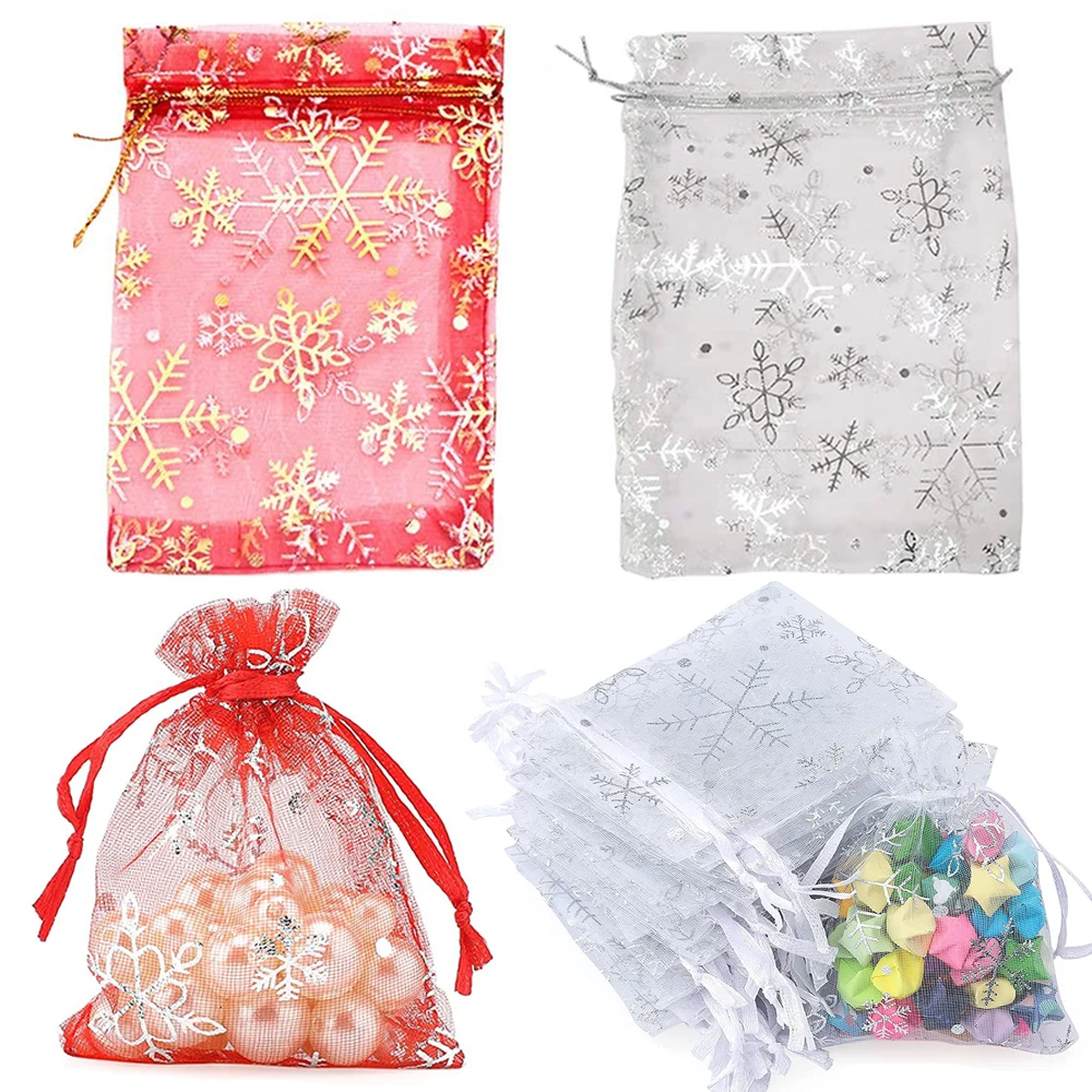 50pcs/Lot 7x9 9x12 10x15cm Jewelry Bags Snowflake Print Pattern Organza Christmas Gift Packing Bags Storage Drawstring Pouches