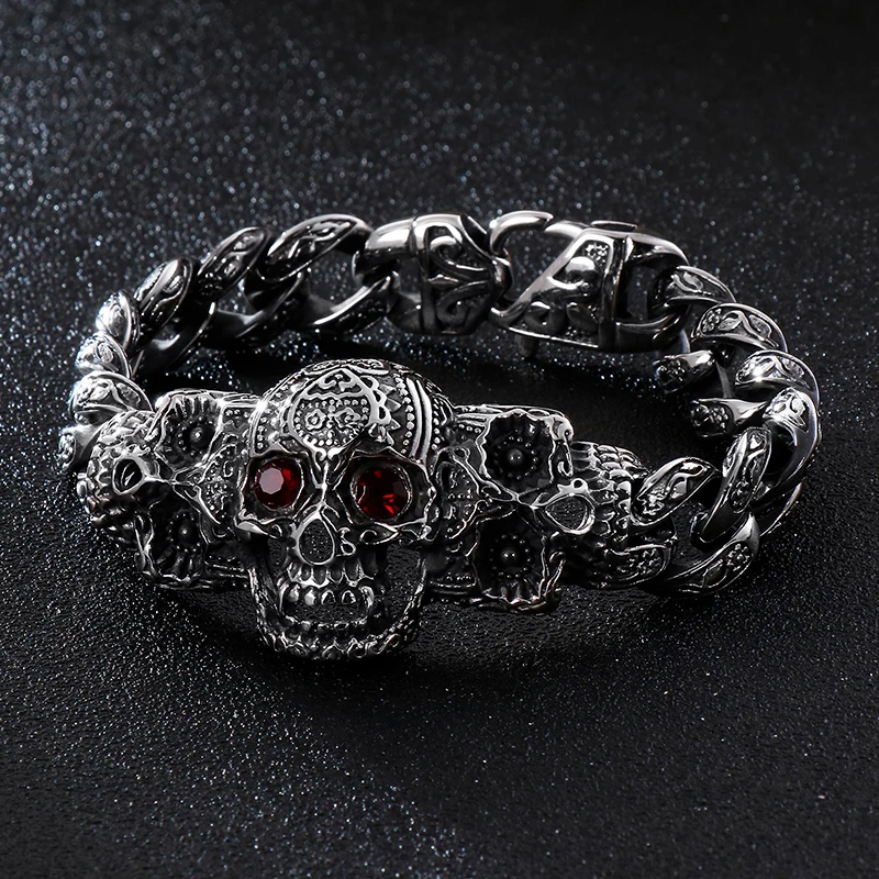 Fongten Gothic Skull Cross Curb Men\'s Bracelet Vintage Black Cuban Chain Stainless Steel Skeleton Male Bracelets Bangle Jewelry