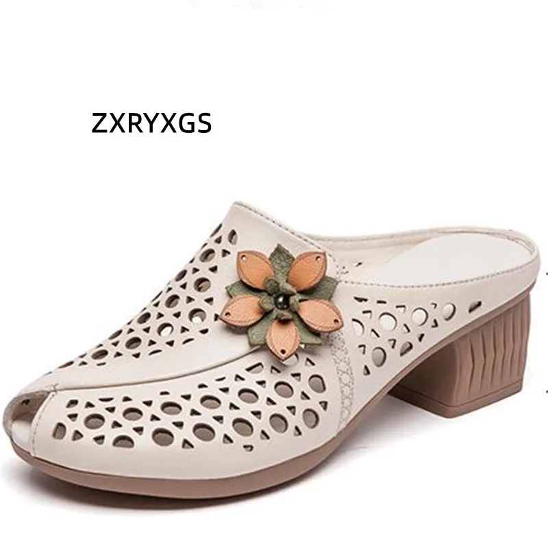 

ZXRYXGS Top Layer Cowhide Summer Fashion Slipper 2024 Summer Women's Sandals Wears Fish Mouth Slippers Outside Thick High Heels