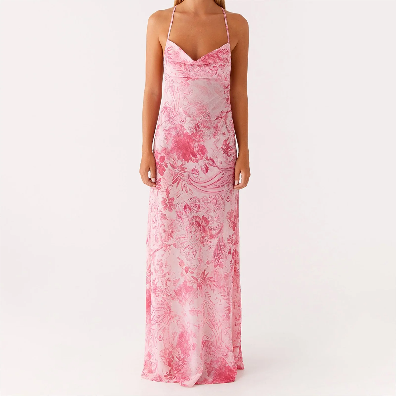 ผู้หญิงฤดูร้อน Beachwear ดอกไม้ Tie-DYE พิมพ์ Slim Cowl คอสปาเก็ตตี้สายเปิดกลับผูก A-Line ยาว Cami SLIP DRESS