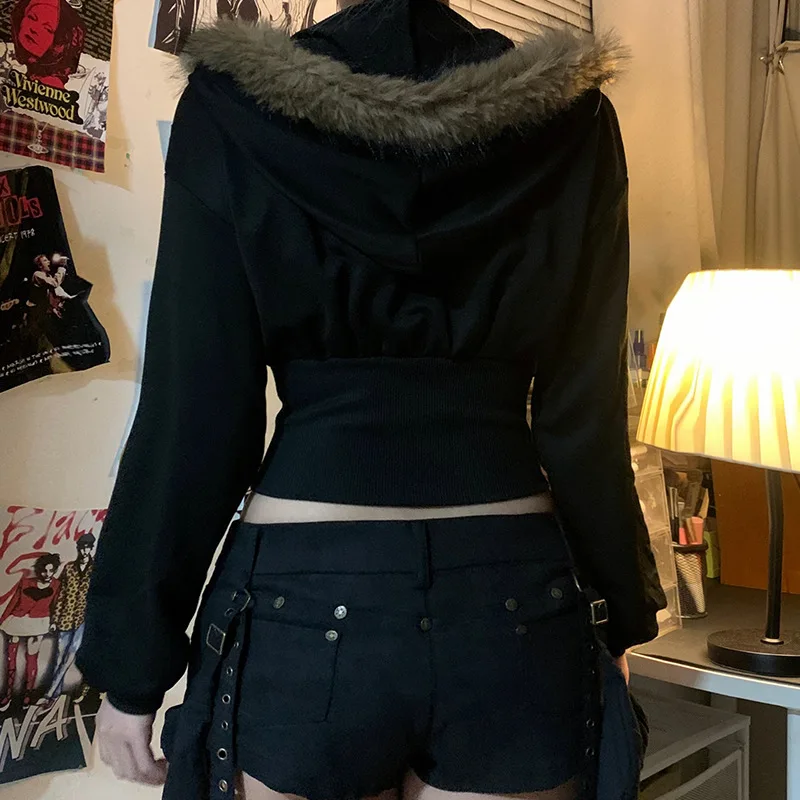 Sudadera con capucha Vintage Y2k con cremallera, sudadera con cuello de piel negra y cremallera, Sudadera con capucha con cremallera a la moda, chaquetas de otoño para mujer