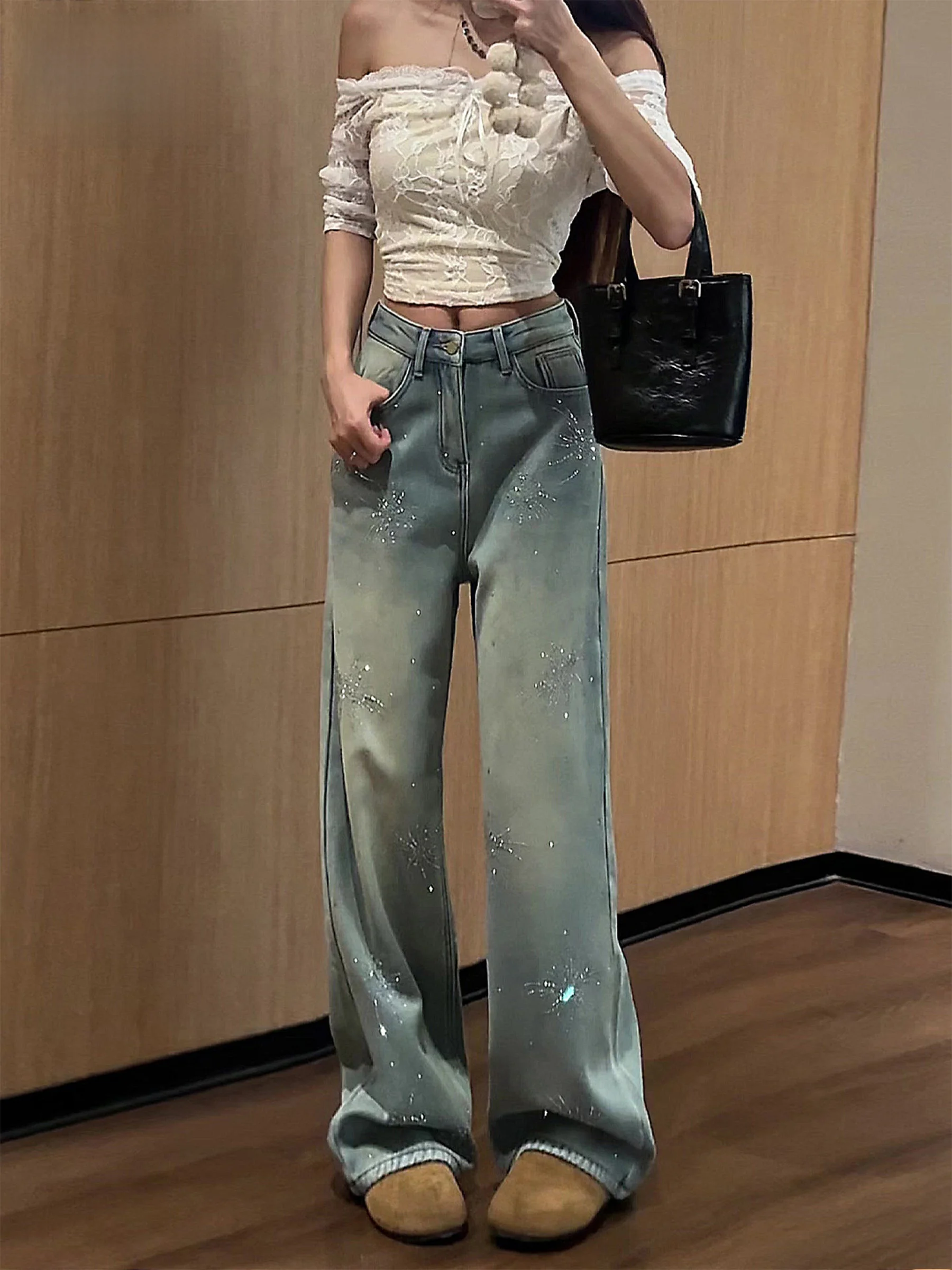 

Джинсы женские в американском ретро-стиле с эффектом фейерверка и стразами, свободного кроя, с эффектом похудения, длиной в пол, повседневные, с высокой талией, деним, весна 2026