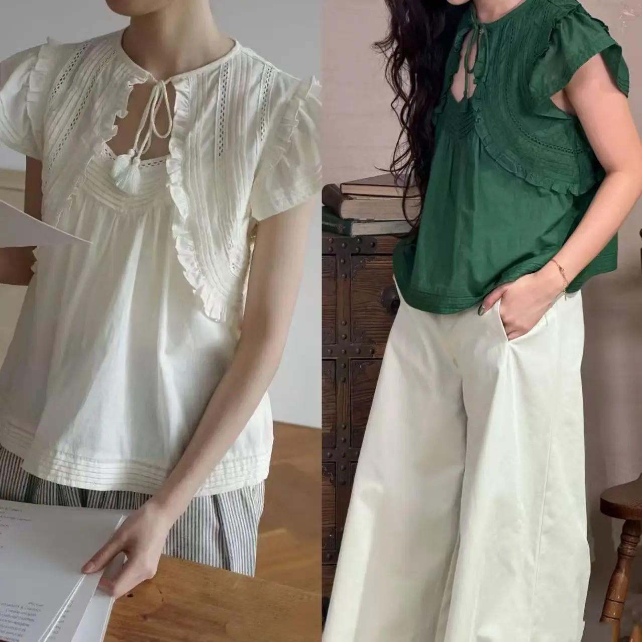 

Sweet Sle Loose Fit Cotton Blouse with Ruffle Hem And Tie Sve for Women Summer New Arrival Anti-Aging Faion