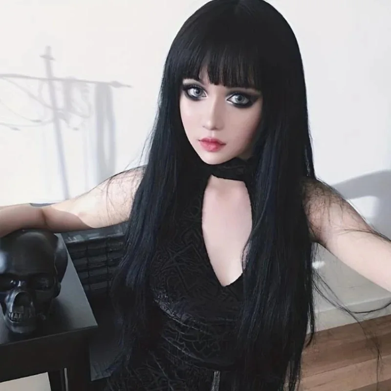 

Long Synthetic Hair Wig With Bangs Black Color Heat Resistant No Lace Wigs for Fashion Black Women Party