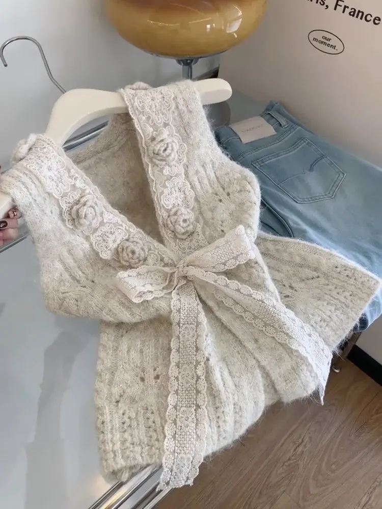 

Women's Knitted Hollow out Vest Top Floral 3D Design Versatile Layering Sweater Sli French Sle Medium Softn Spring C...