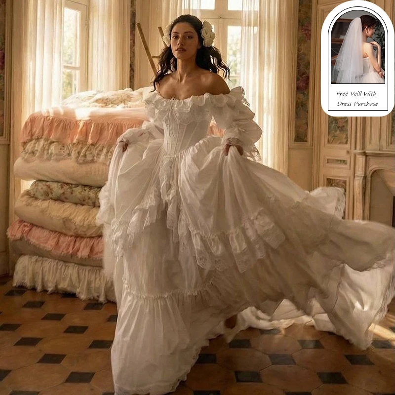 Eightree Vintage A-Line Wedding Dresses Puff Sleeve Lace Princess Wedding Ball Gowns Women Ruffled Bridal Prom Dress Customized