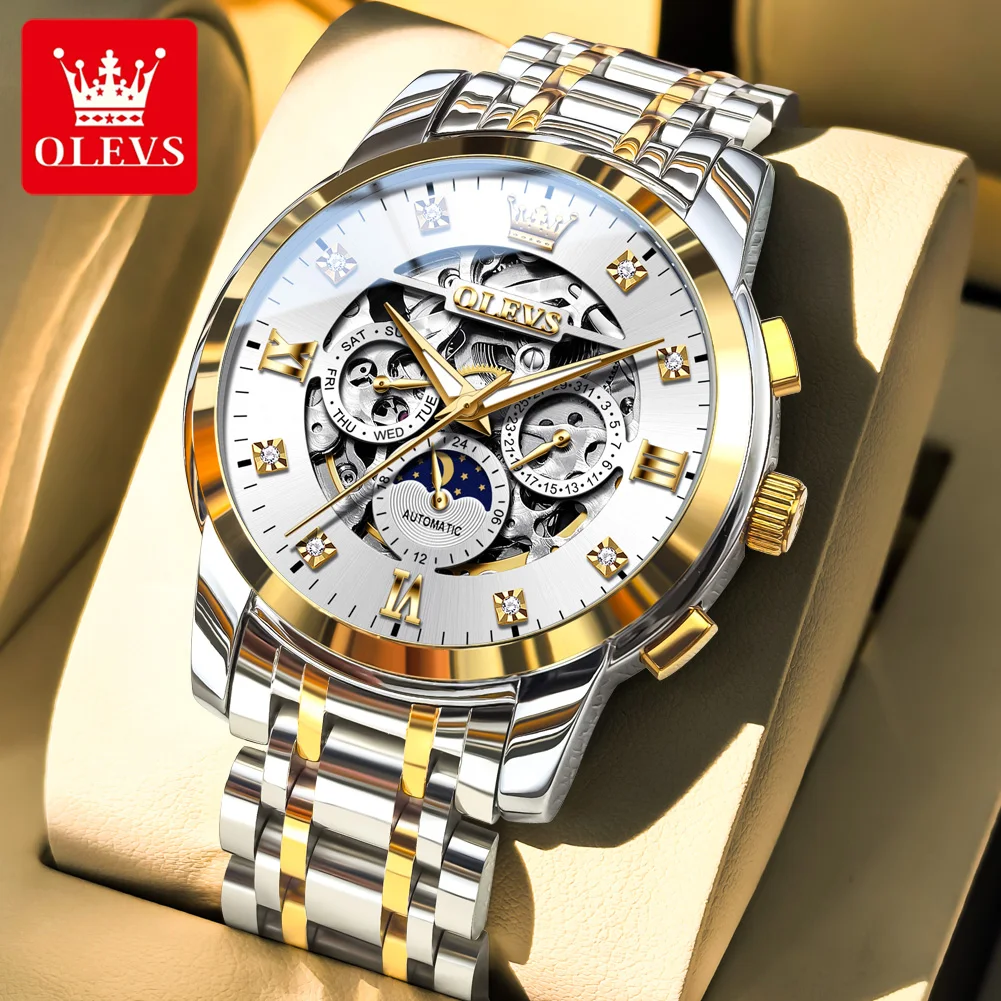 

OLEVS Luxury Brand Hollow Design Mens Watches Moon Phase Automatic Mechanical Watch Stainless Steel Skeleton Original Wristwatch
