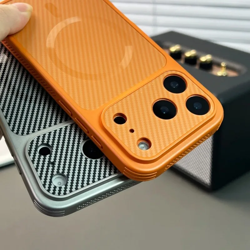 Carbon Fiber Pattern For Magsafe Magnetic Breathable Phone Case For iPhone 17 16 15 14 13 18 Pro Max Camera Large Window Cover