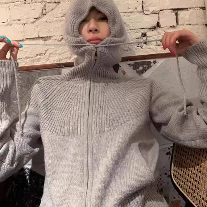 الراقية مزدوجة سستة مقنعين 100% الكشمير سترة مشغولة من الصوف المرأة سترة فضفاضة معطف بقلنسوة لخريف شتاء معطف الصوف #5