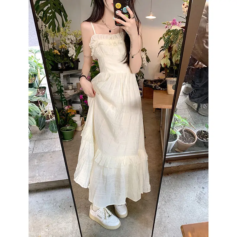 Women's Dresses Camisole Ruffles Sleeveless A-line Long Sundress Solid Color Off Shoulder Fashion Leisure French Style 2024