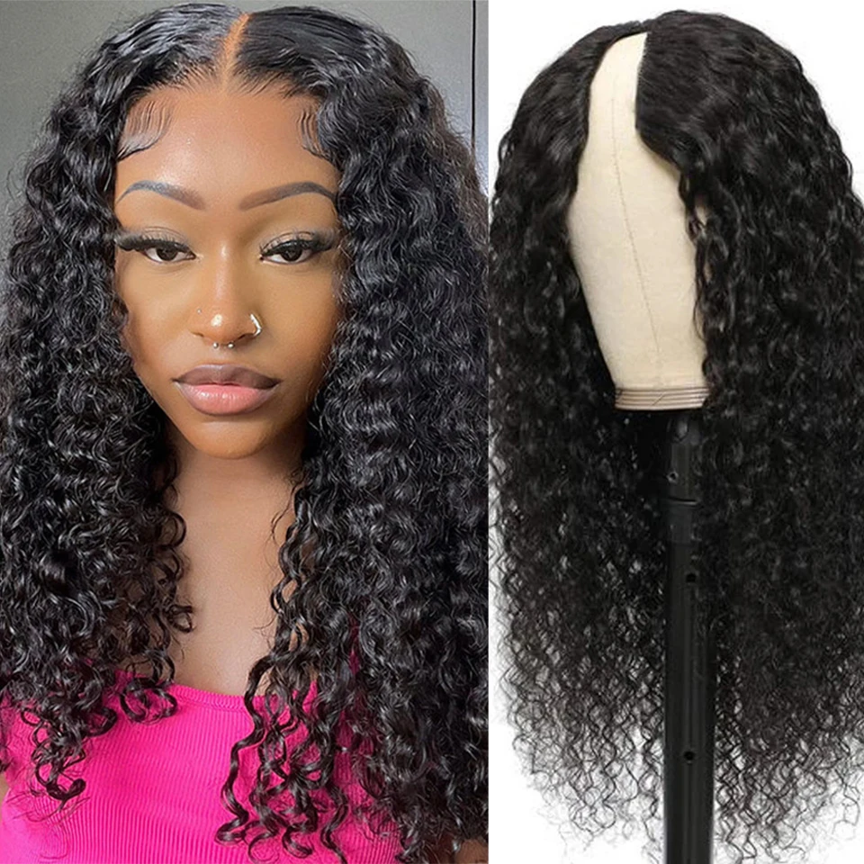 Deep Curly V Part Wig Human Hair Full Machine Made Human Hair Wig 180% Density Natural Black Water Wave U Part Wig Human Hair