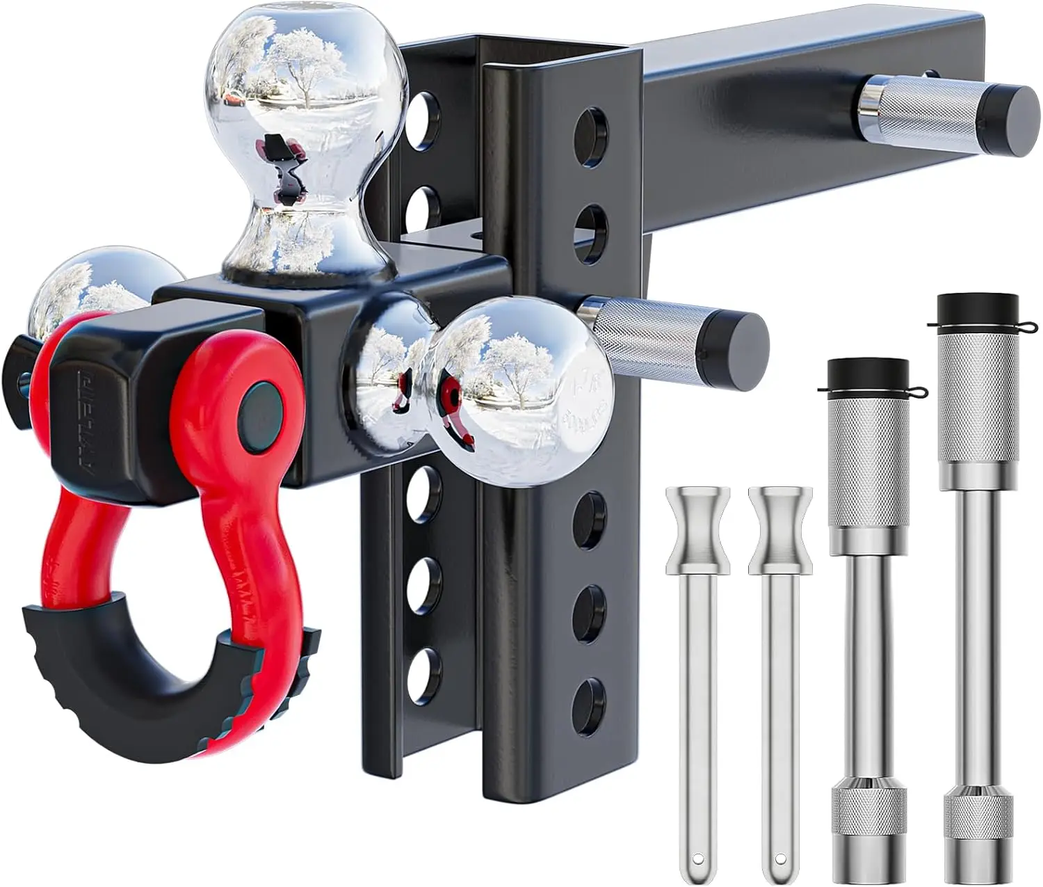 

Adjustable Trailer Hitch with Tri-Ball Mount, Anti-Theft Lock, and Rotatable Tow Shackle for 2-Inch Receiver