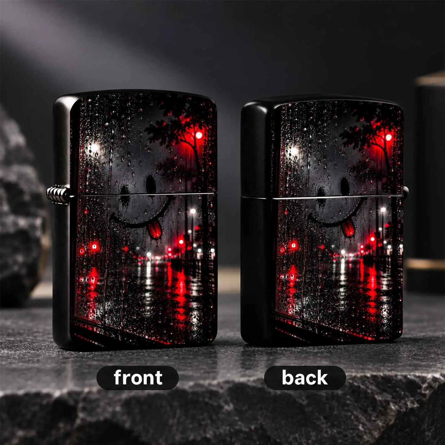 Trendy Rainy Night Smiley Graffiti Lighter, Stylish Red-Black Art Vibe Portable Igniter, Perfect For Daily Commute, Outdoor Trips, Travel Scenarios, Smooth To Use, Great As A Unique Personal Item Or Thoughtful Gift For Friends A Humorous An