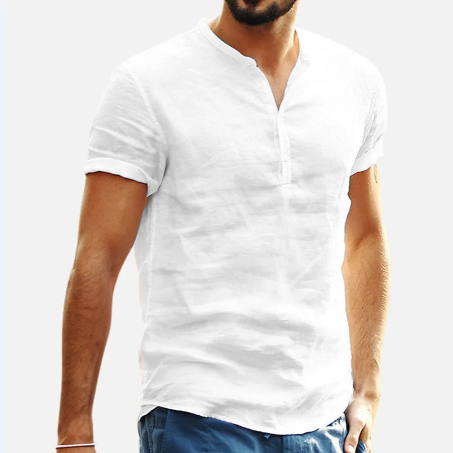 Men's Stanollar V-Neck Tonal Linen Shirt Autumn Special Wide Fit Fleece Lined Thickened  Collar Nine Sleeve Length