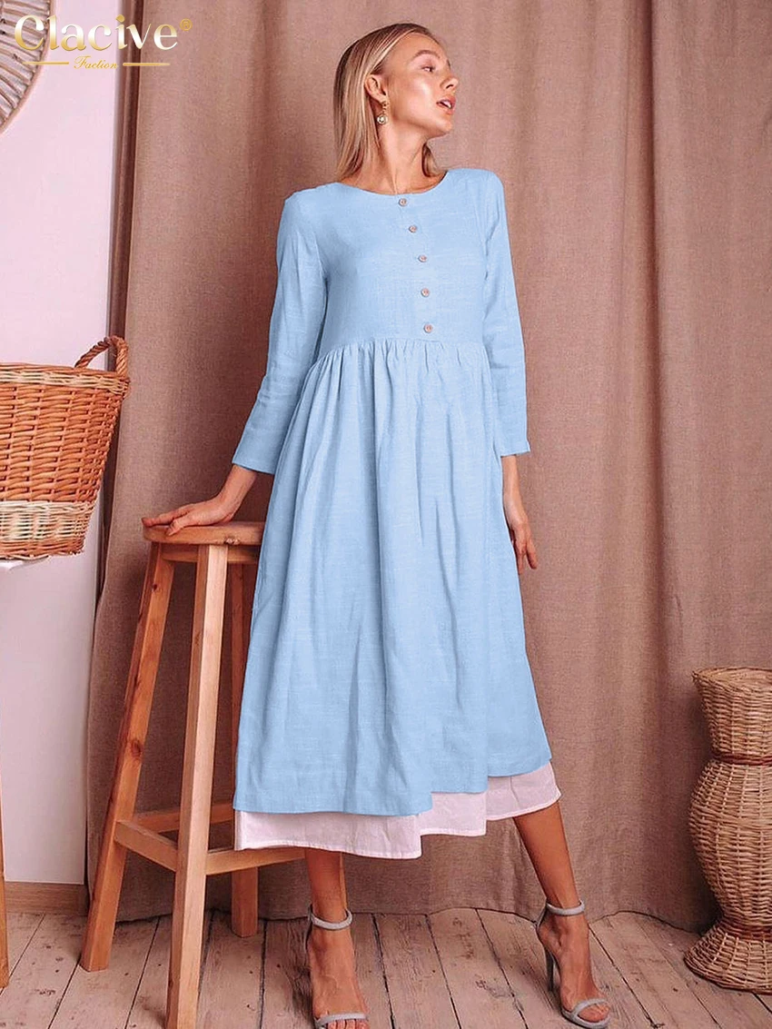 

Clacive Fashion Loose Blue Cotton Women Dress 2025 Casual O-Neck Long Sleeve Midi Dresses Elegant Classic Patchwork Female Dress