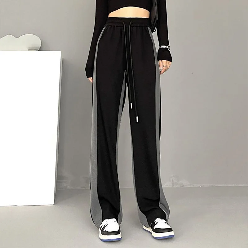 Thin/Thick Fashionable Drawstring Trousers Female Autumn Winter All-match Black Pockets Loose Striped Wide Leg Full Length Pants