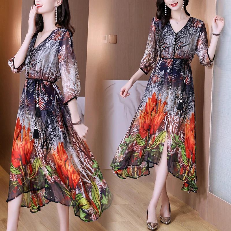 2024 Boho Floral Natural Silk Maxi Dresses Summer Vintage Casual Print Beach Midi Sundress Women Elegant Bodycon Party Vestidos