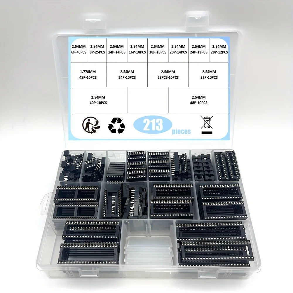 213Pcs/Box 2.54 1.778 mm Pitch DIP IC Sockets Solder Type Adaptor Assortment Kit (6/8/14/16/18/20/24/28/40/48 Pins)