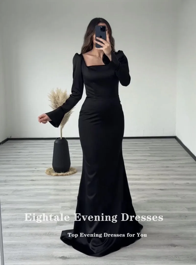 Eightale vestidos árabes, até o chão simples, cetim preto sereia Prom Party Gown