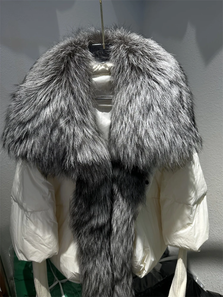 OFTBUY New Duck Down Jacket Winter Coat Women Super Large Real Silver Fox Fur Collar Jacket Knit Sleeve Fashion Luxury Outerwear
