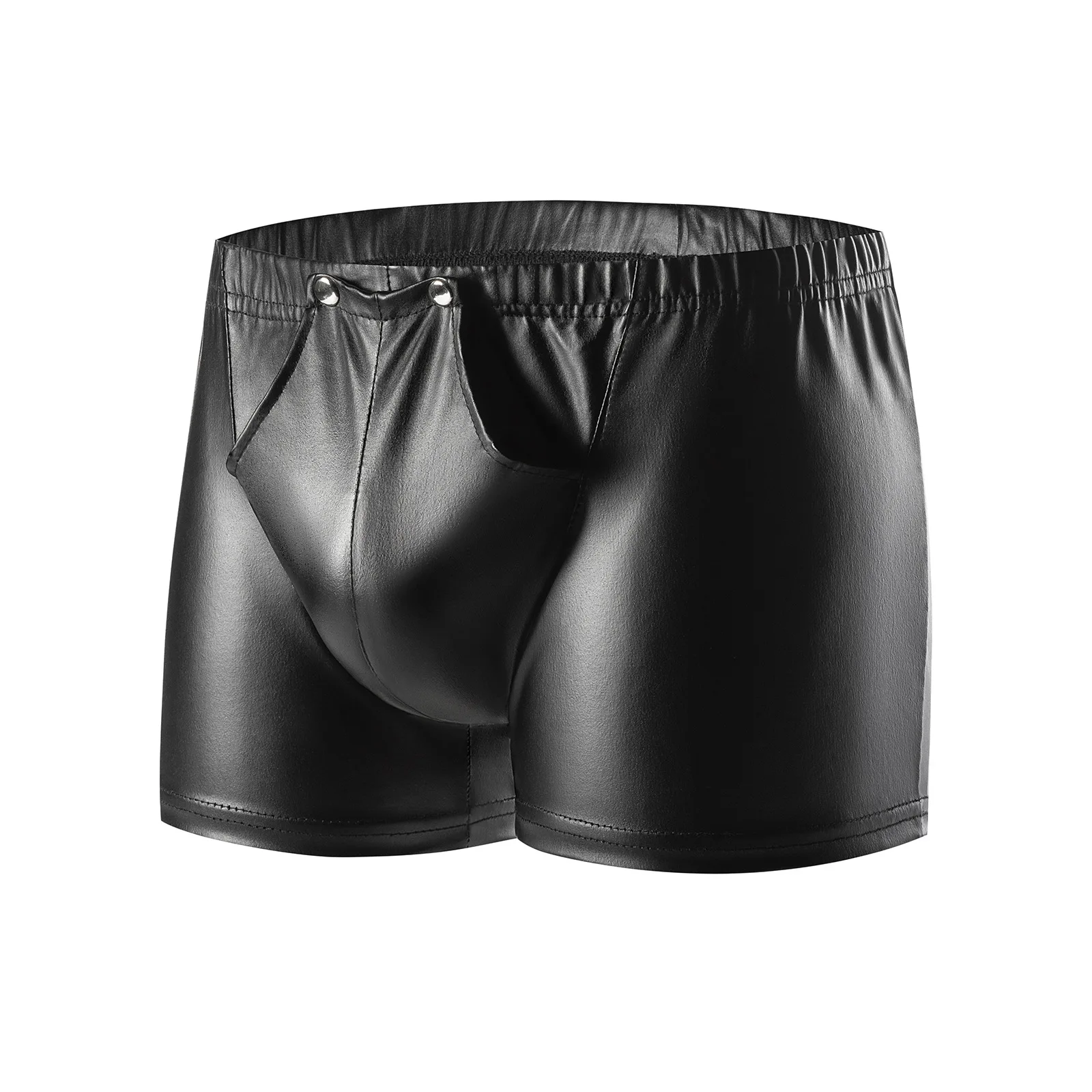 

Sexy Men's Boxers Shorts Press Button Front Open Bulge Pouch Trunks Erotic Faux Leather Male Lingerie Underpants Soft Underwear