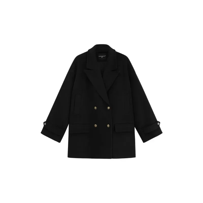 Winter Women Black Wool-like Blazer Coat Short Loose Fit Pea Coat Elegant Warm Outerwear for Petite Frames Chic and Versatile