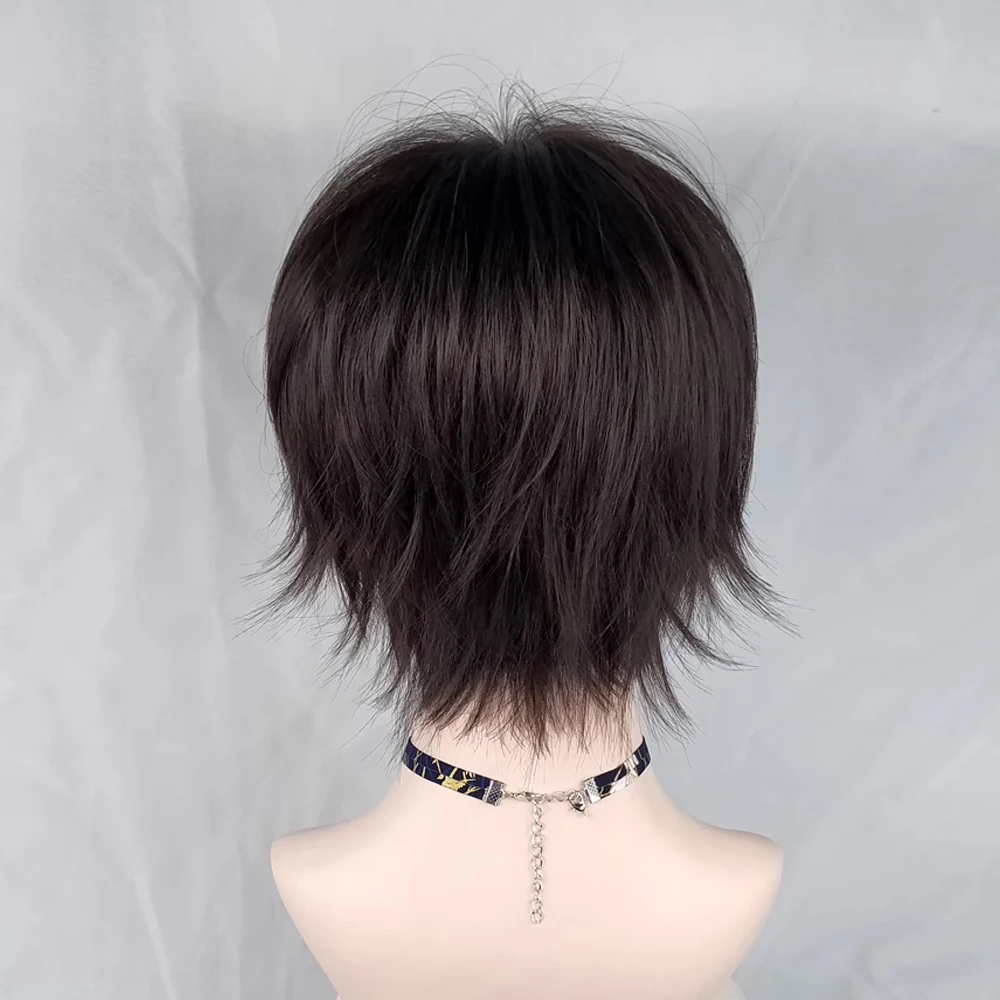 GAKA Black Brown Short Straight Synthetic Men Women Wig with Bangs Anime Cosplay Nature Hair Wig for Daily Party