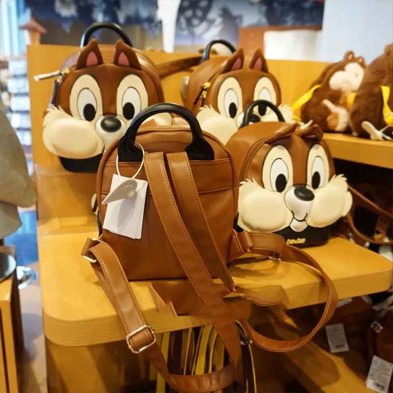 Disney Backpack Shanghai Disneyland Chip Squirrel Brown PU Leather Fashion Casual Adult/Child Backpack Cartoon Girls Schoolbag