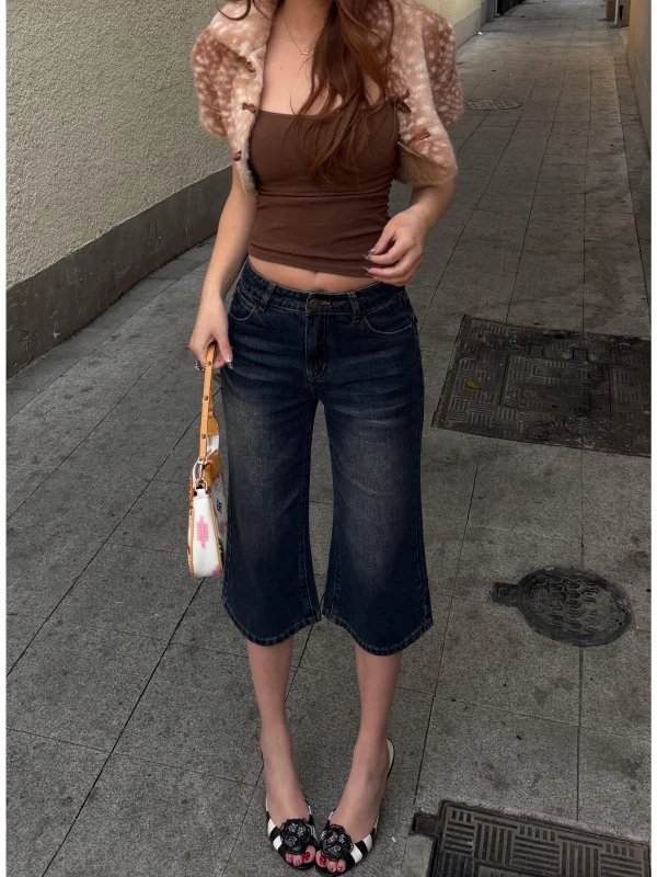 

Retro American Washed Blue Early Low Waist Slimming Women's Summer 2026 New Style Spicy Girl Jeans Mid-Length Pants