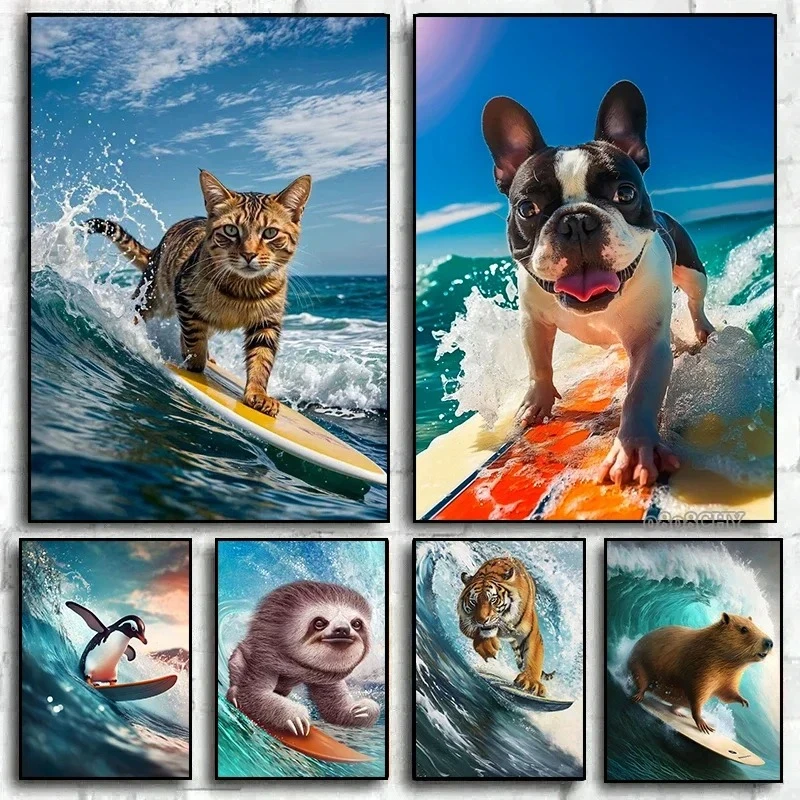 1 Stück rahmenlose Kunstposter mit lustigen Tiermotiven: Katze, Tiger, Faultier, Pinguin, Giraffe, lustige Tier-Wandkunst, Leinwanddrucke.