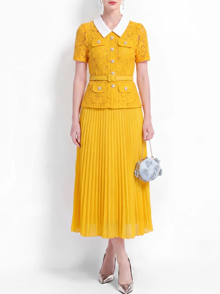 Elegant Contrasting Color Lapel Short Sleeved Lace Patchwork Pleated Dress 2026 New Fashionable Women'S Summer Clothing