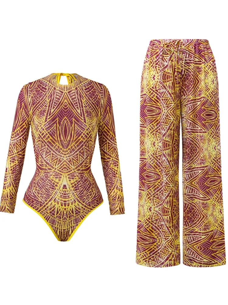 2025 Mesh Swimwear And Panst Sexy Swimsuit Women Summer Bathing Suit Bikini Set Beach Cover Up Swimming Suit Купальник