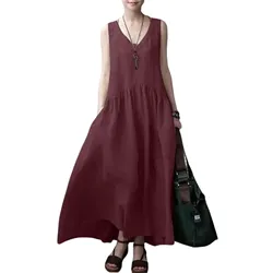 Loose Dress Cotton Linen Pocket Round Neck Sleeveless Dress Women Summer Vintage Vestido Feminino Long