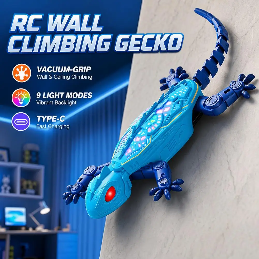 Remote Control Wall Climbing Gecko Toy Vacuum Suction 9 Light Effects Type‑C Charging Funny Prank Toy for Children