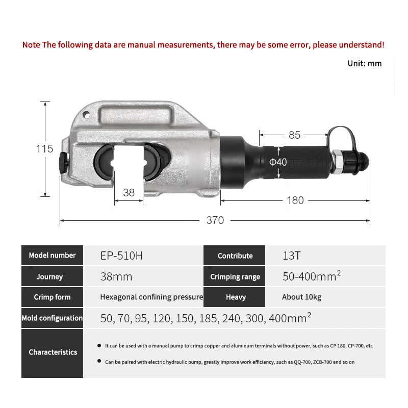 EP510H Split Type Hydraulic Crimping Pliers Range 50-400MM² Cable Copper Aluminum Terminal Manual Quick Crimp Device Clamp Tools