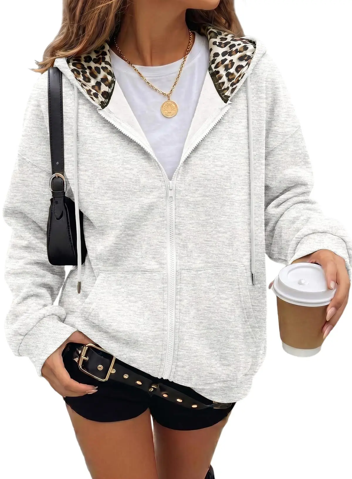 Women's Full Zip Hoodie with Leopard Hood Lining Oversized Long Sleeve Jacket Winter Warm Fleece Lined Sweatshirt Streetwear