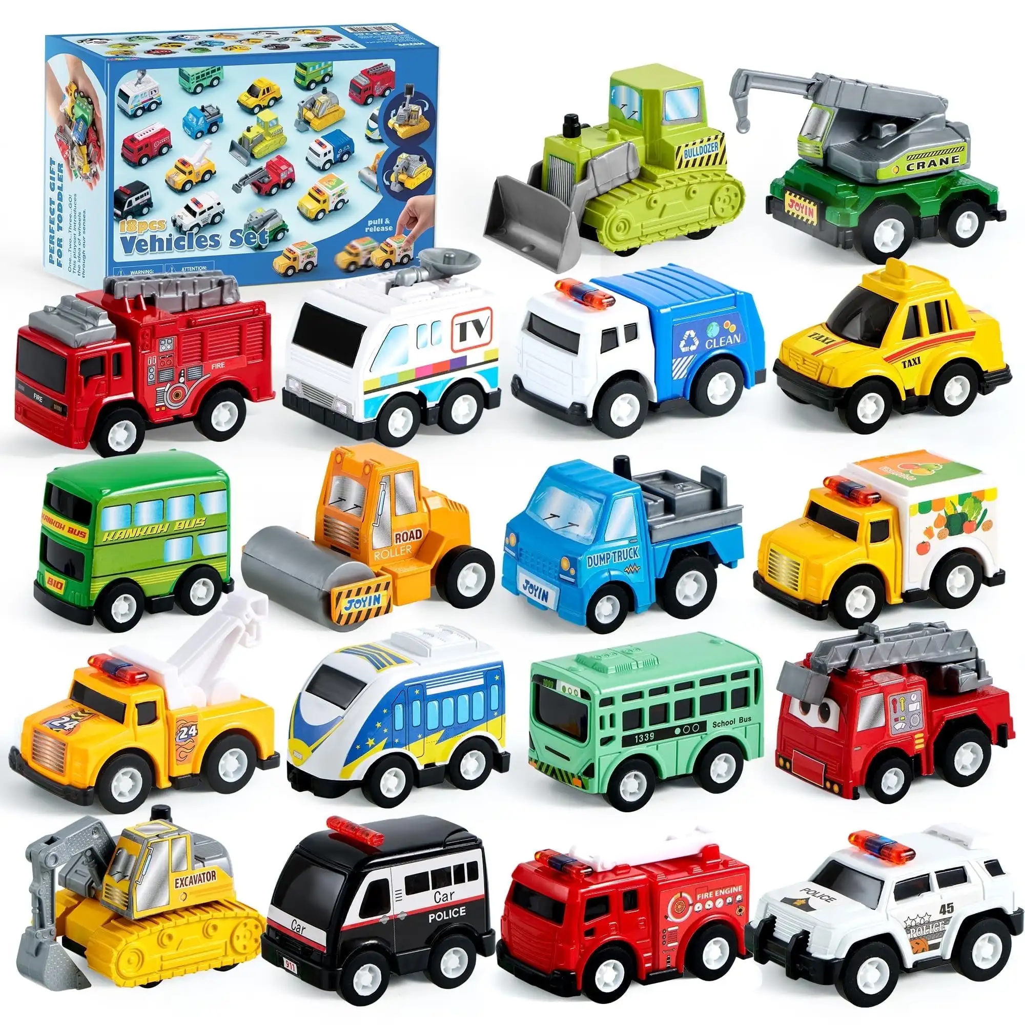 Joyfy Friction Pull Back Play Car Vehicle Party Favors and Mini Excavator Toy Trucks Play Vehicles 18 Pieces