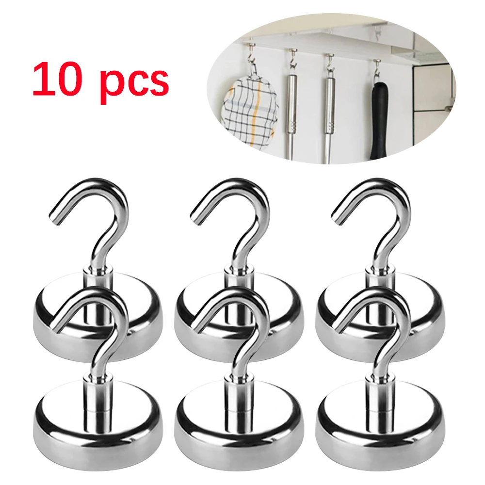 

10PCS Magnetic Hook Neodymium Magnet E10/12/16/20 Electroplating Metal Strong Hook Thick Wall Hook for Home Kitchen Organization