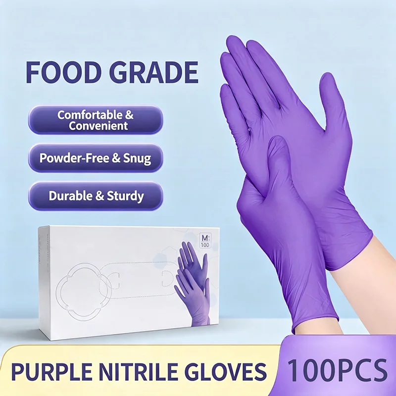 100 disposable purple nitrile gloves, pure nitrile, food grade, waterproof, suitable for kitchen and food processing, washing di