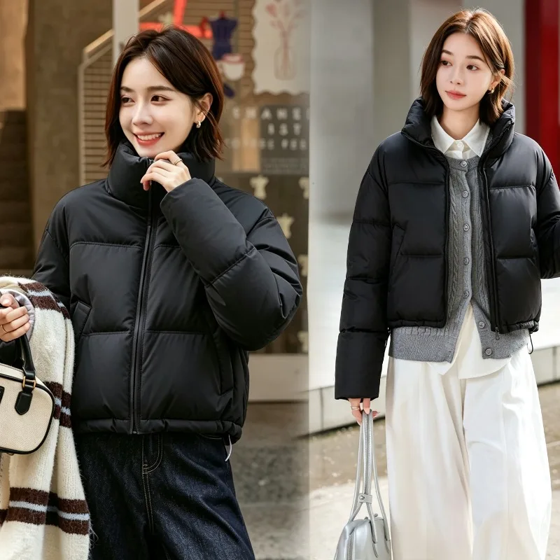Autumn Winter Ladies Stand Collar Short Jackets Loose Windproof Thick Warm Zipper Pockets Solid Casual Korean Padded Outerwear