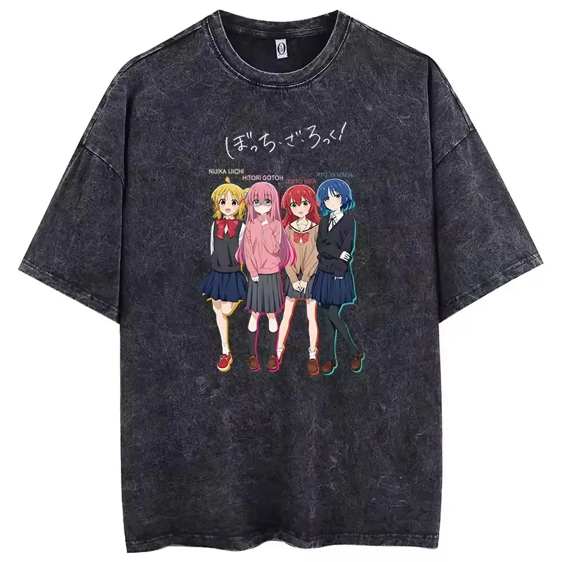 Bocchi the Rock! Kessoku Band Vintage Washed T-Shirt, Unisex Loose Short Sleeve, Anime Graphic Streetwear Women And Men T-shirts