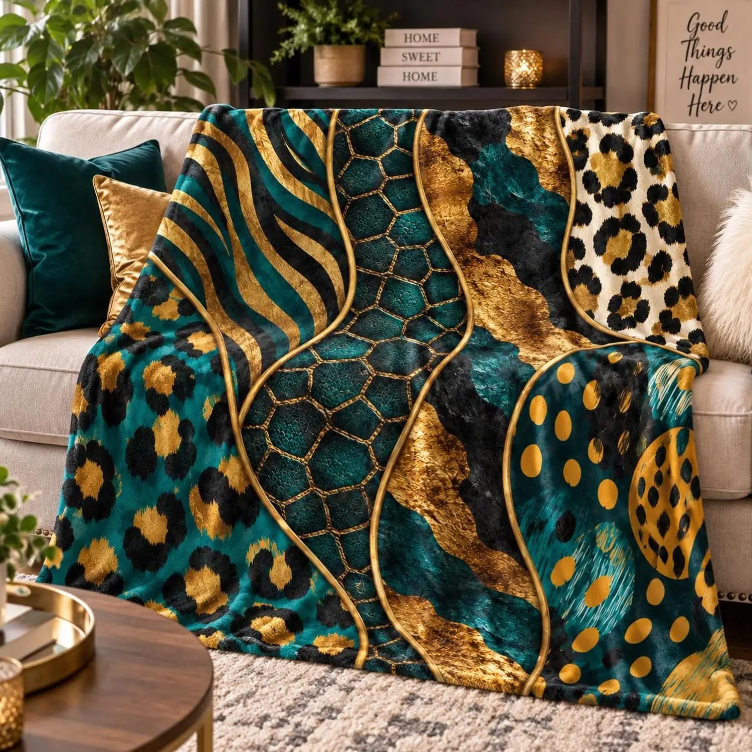 [Flannel Blanket] Blue-Green Golden Animal Print Blanket, Leopard and Zebra Pattern Throw Blanket, Maximalist Style Blanket, Luxurious Mix-And-Match Home Decor