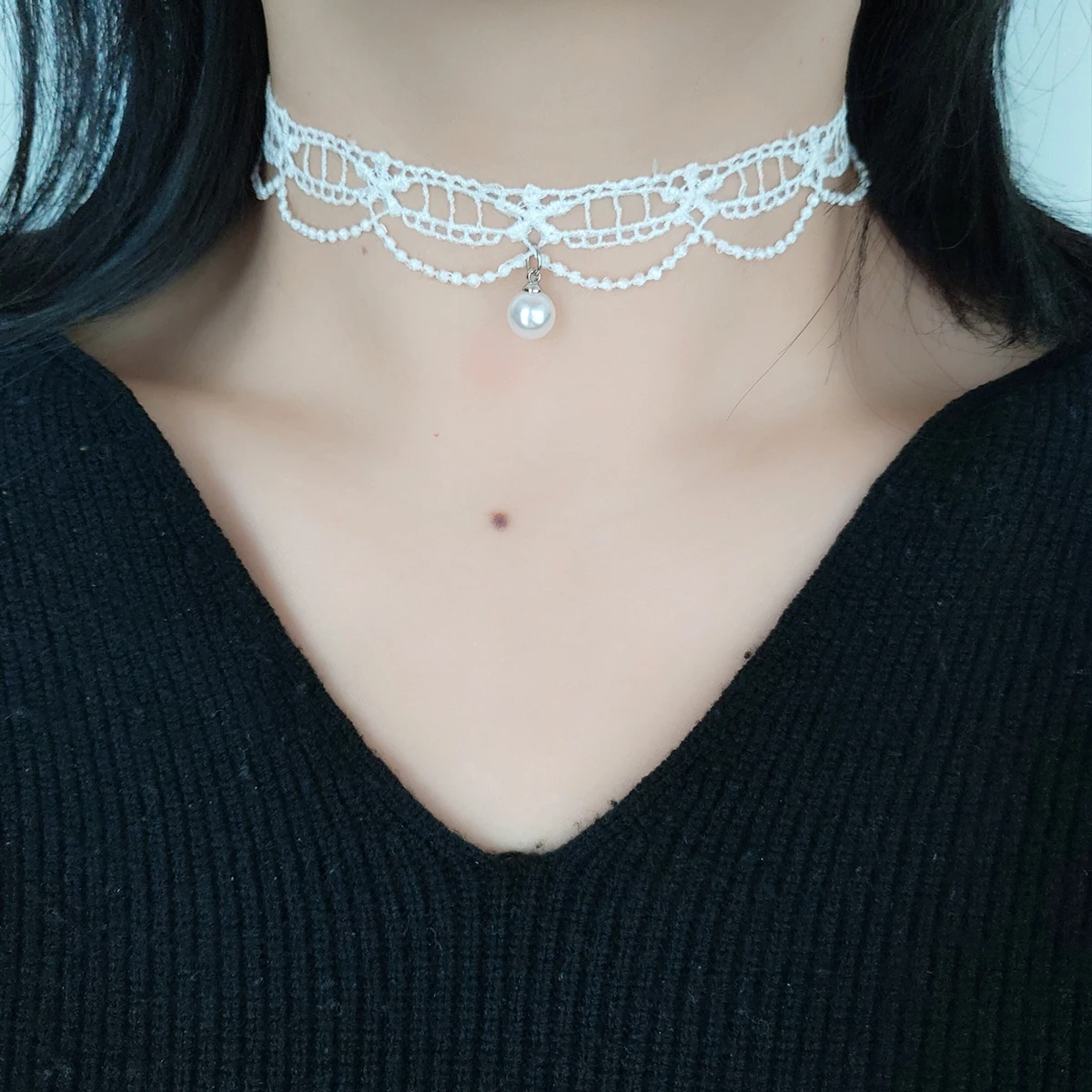 White lace hollowed-out choker pearl pendant choker collar collar chain necklace Women's accessories ornaments