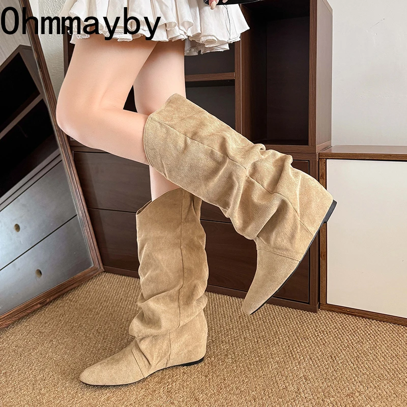 Winter Fashion Pleated Woman Knee-High Boots Pointed Toe Internal Elevation Shoes Street Style Mordern Long Botas Mujer image 2