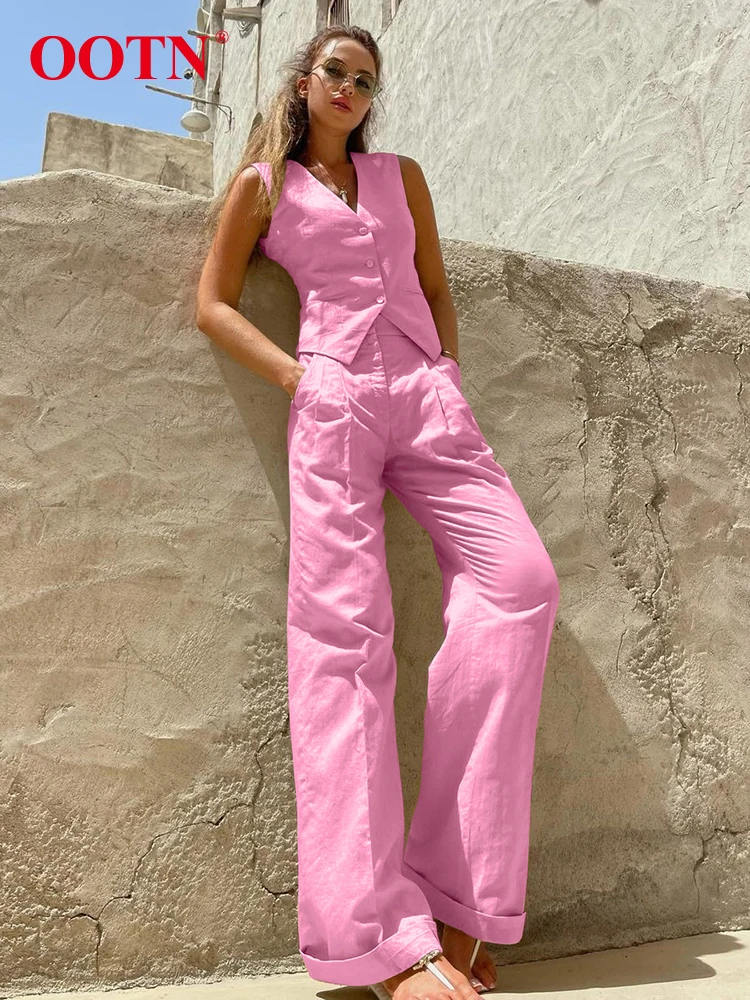 

OOTN Elegant Cotton Linen Shirts Sets Office Summer V Neck Single Breasted Vest High Waist Long Pants Two Piece Sets Women 2023