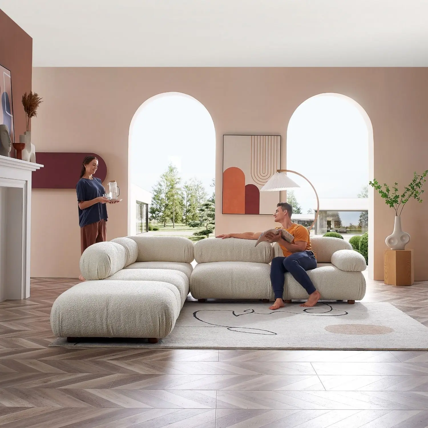 Italian Design Minimalist 1 Bellini Sofa Teddy Fabric Pebbles Sectional Modular Couch Sofa