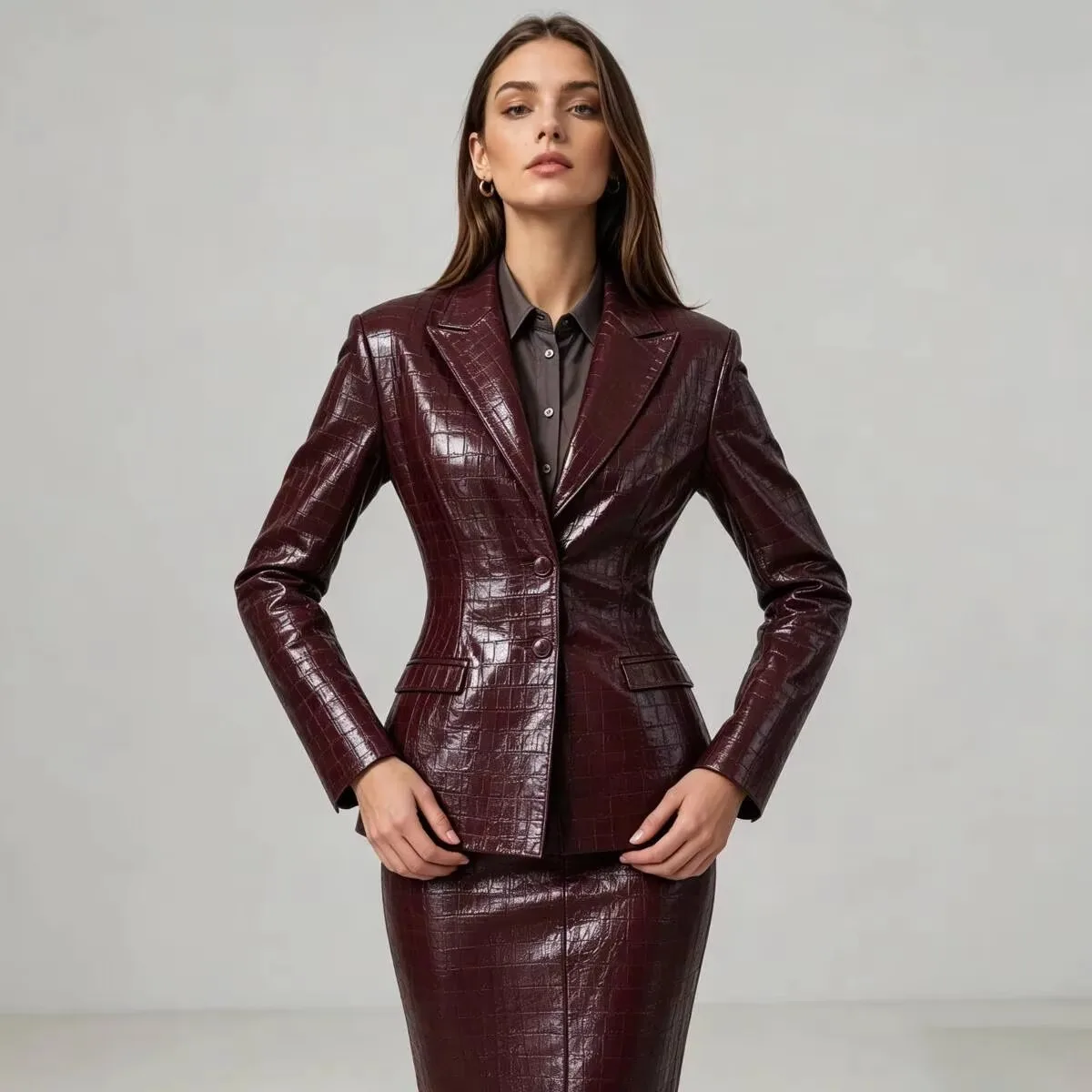 IG 2026 New Women Notched Lapel Croc Embossed Faux Leather Blazer Two Button Slim Waist Long Sleeve Elegant Single Outerwear