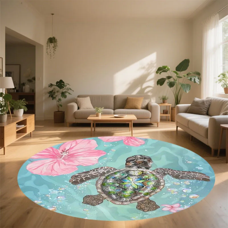 Turquoise Sea Turtle Ocean Round Rug – Soft Non-Slip Washable Mat with Marine Life Design in Green & Pink