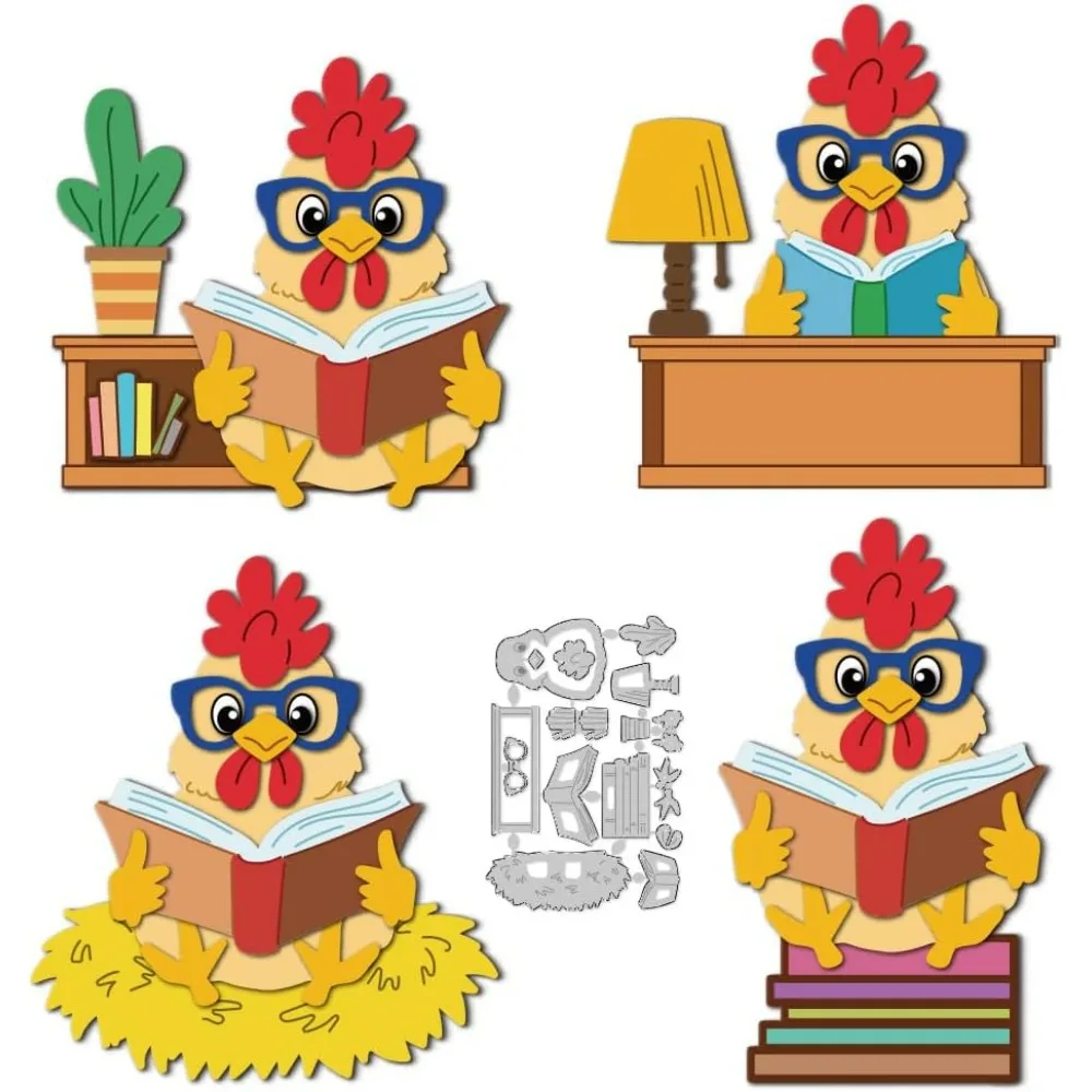 Chicken Cutting Dies Chicken Reading Scene Card Making Die Embossing Template Dies for Easter DIY Autumn Festival Gift Decor