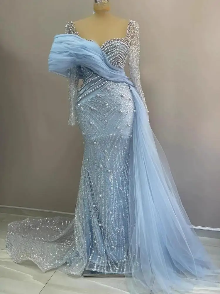 

Elegant Saudi Arabic Mermaid Evening Dresses Long Sleeve 2024 O-Neck Sequined Pearls Women Formal Occasion Dress Prom Party Gown